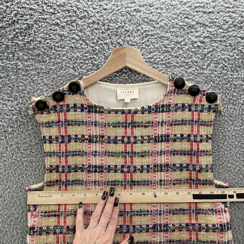 Sezane Dress 4 Multicolor Plaid Tweed Katie Sleeveless MOD Retro Mini Shift - Picture 7 of 13